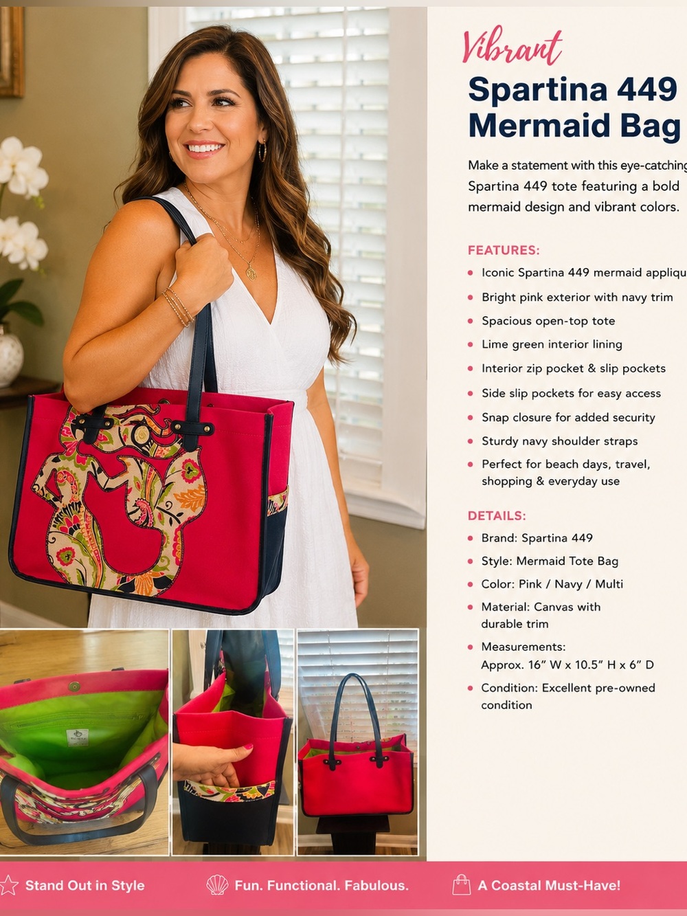 Spartina 449 Bright Pink Tote with Navy Trim and Mermaid Appliqué